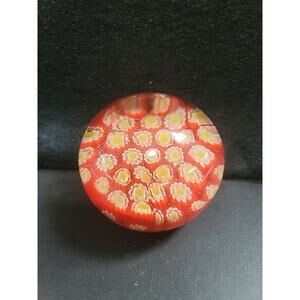 Vintage Millefiori Art Glass 2” Round Paperweight Red Yellow Flower Murano Style
